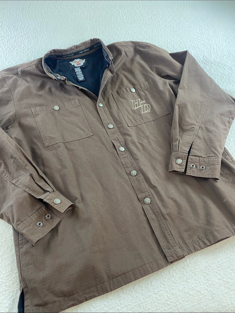 Harley-Davidson Brown Button-Up Utility Shirt Jacket with Back Embroidery